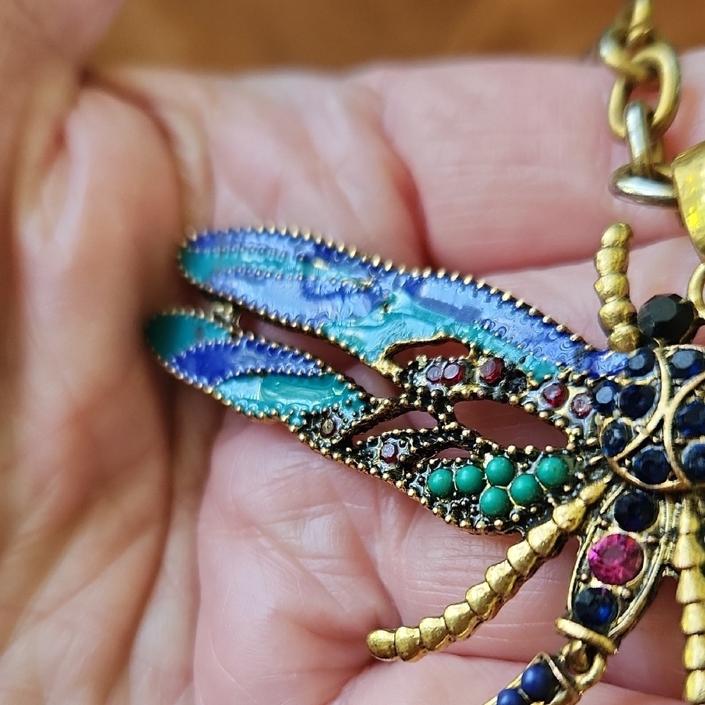 Gold and Blue Dragonfly Necklace - Picture 4 of 13